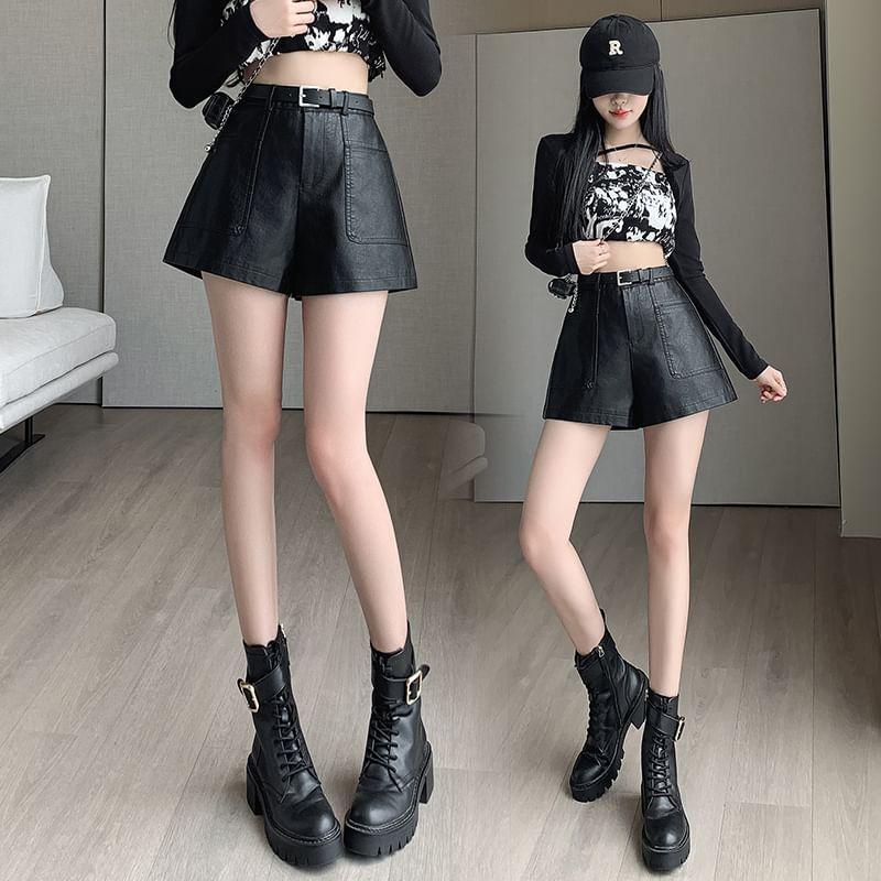 High Waist Faux Leather Wide Leg Shorts Product Image