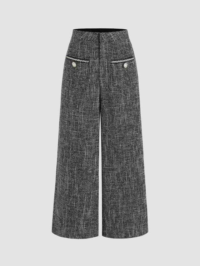 Tweed Mid Waist Solid Button Wide Leg Trousers  Product Image