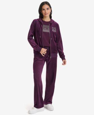 Calvin Klein Womens Velour Metallic Logo Hoodie Wide Leg Pants Product Image