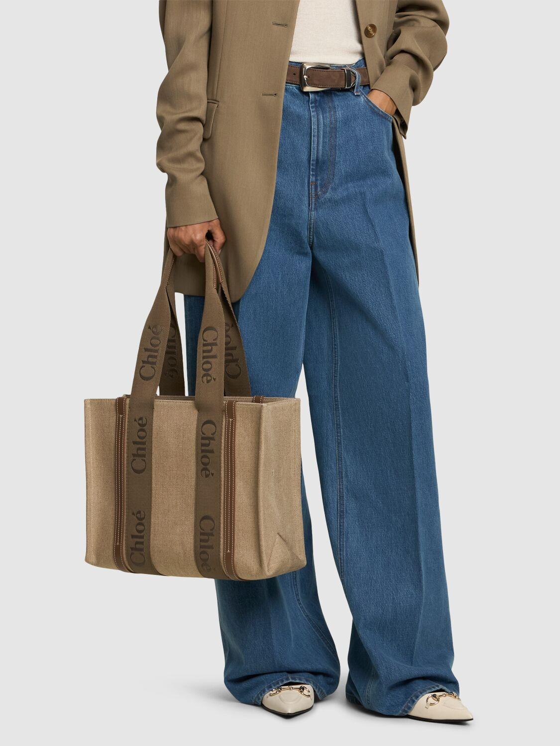 Woody Linen Medium Tote Bag In Dark Nut Product Image