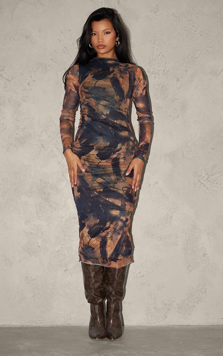 Brown Abstract Ruched Mesh Long Sleeve Midi Dress Product Image