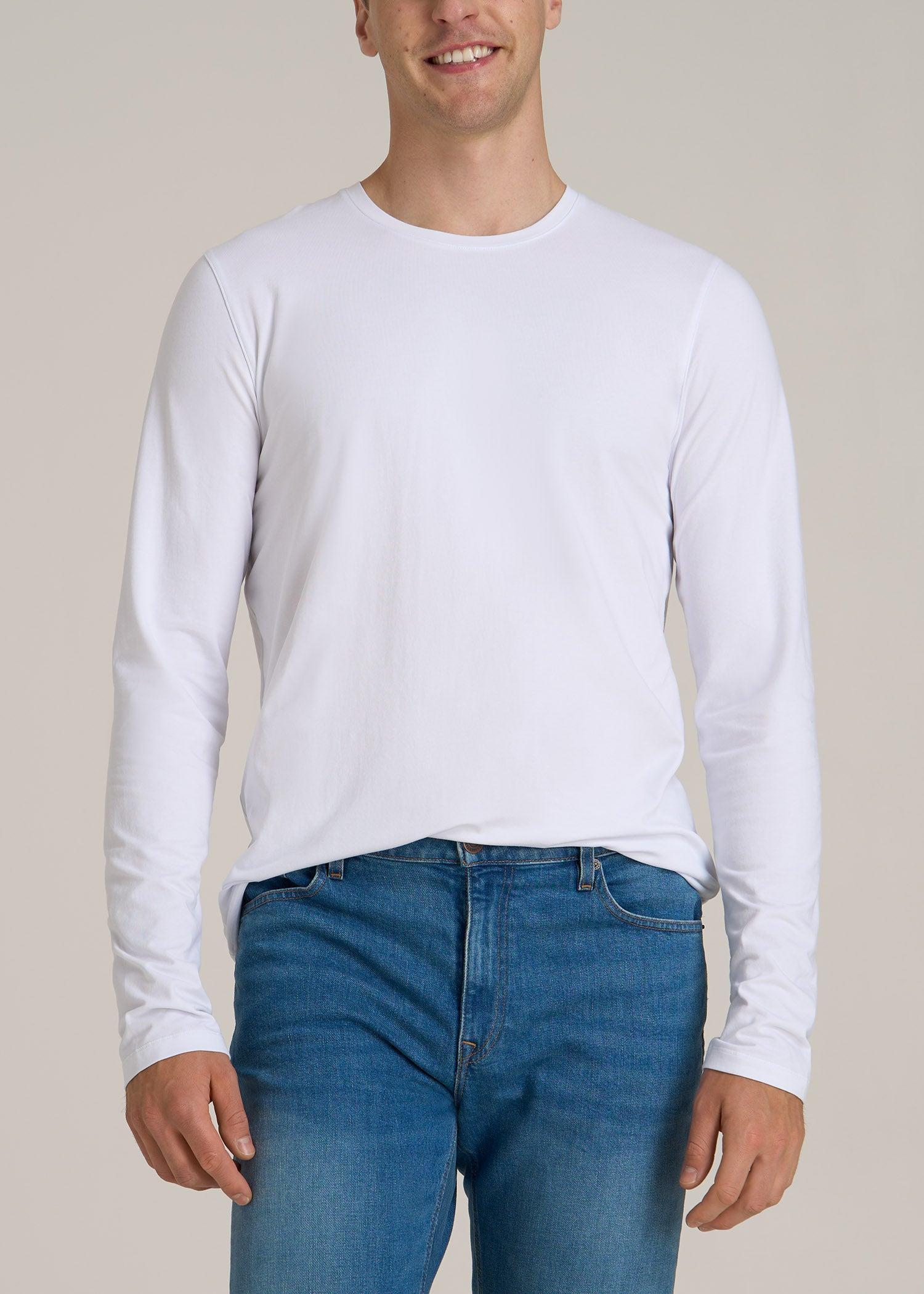 MODERN-FIT Stretch Cotton Long Sleeve Tall Men's Tee in White Male Product Image