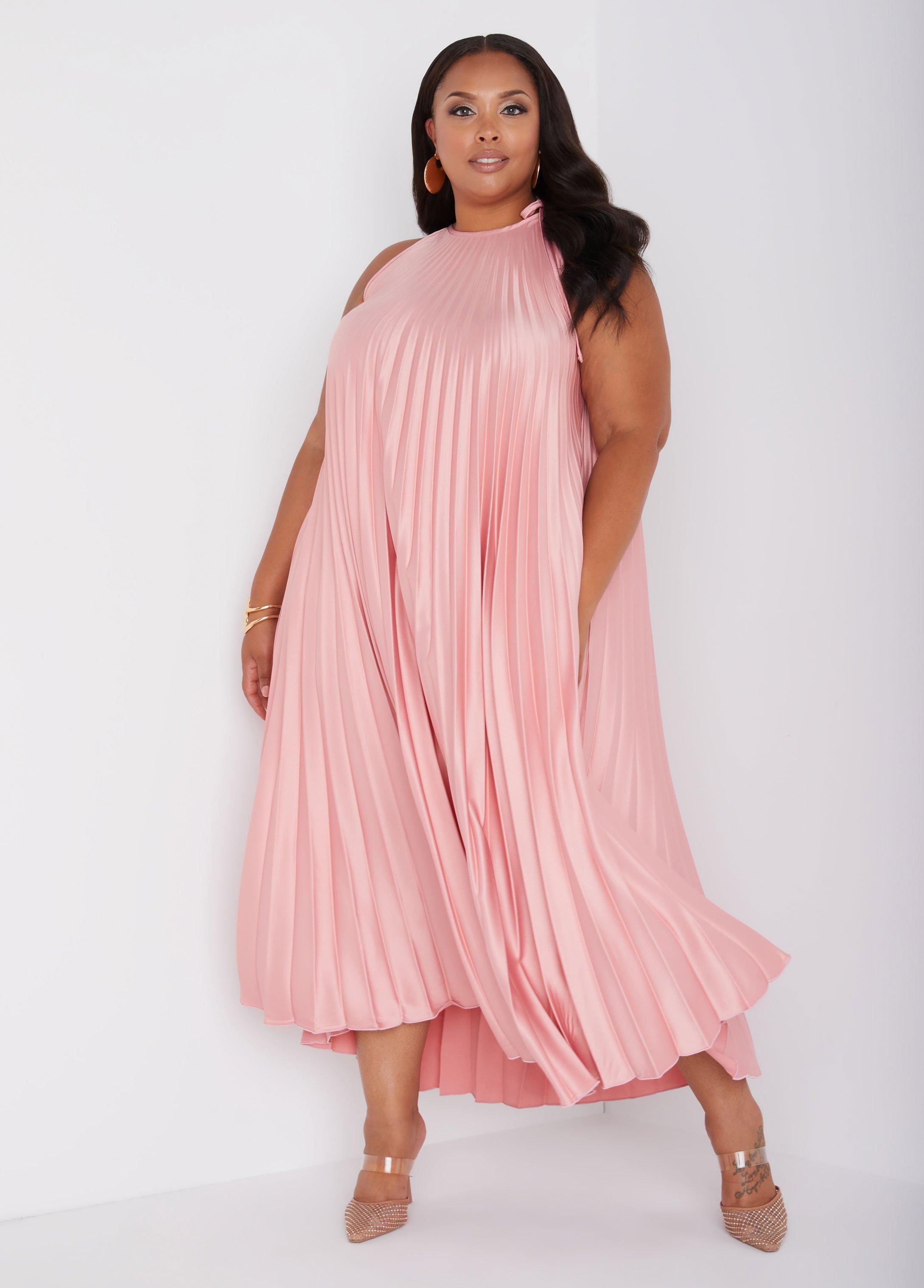 Plus Size Accordion Pleated Satin Dress, - Ashley Stewart Product Image