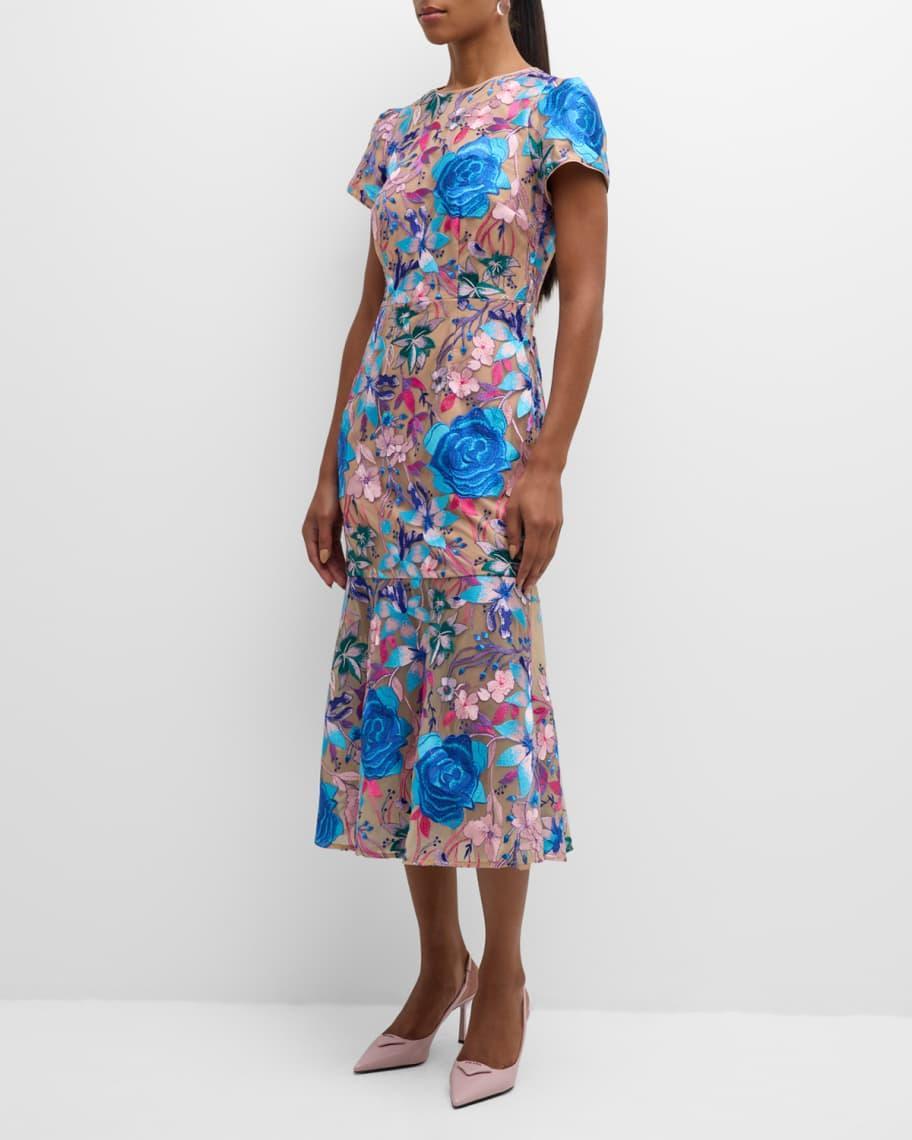 Tahlia Floral-Embroidered Trumpet Midi Dress Product Image