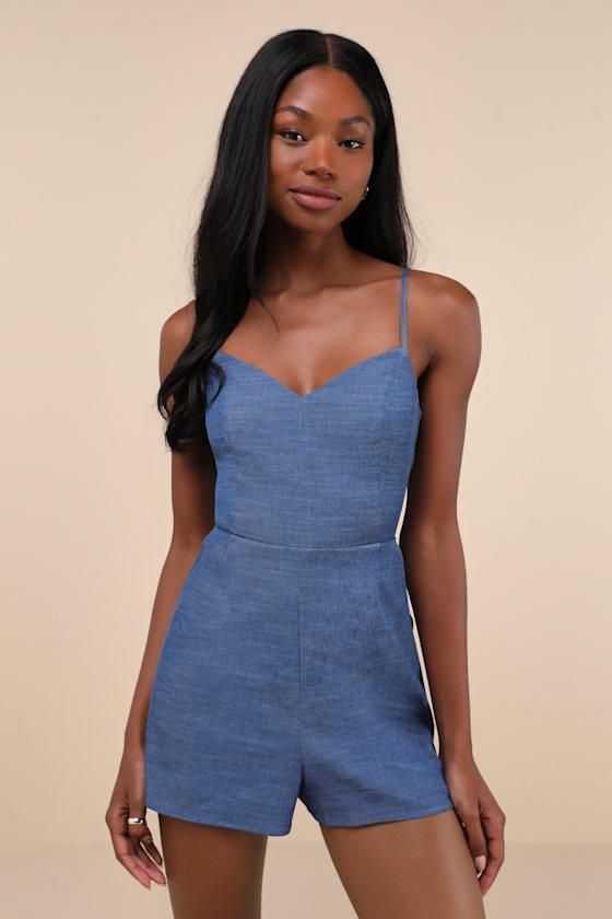 Sweet Position Blue Chambray Sleeveless Tie-Back Romper Product Image