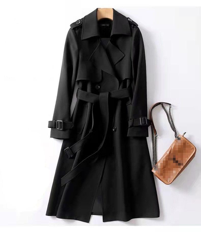 Lapel Collar Plain Midi Double-Breasted Trench Coat Product Image