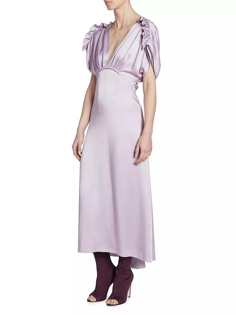 Satin V-Neck Ruffled Midi-Dress Product Image