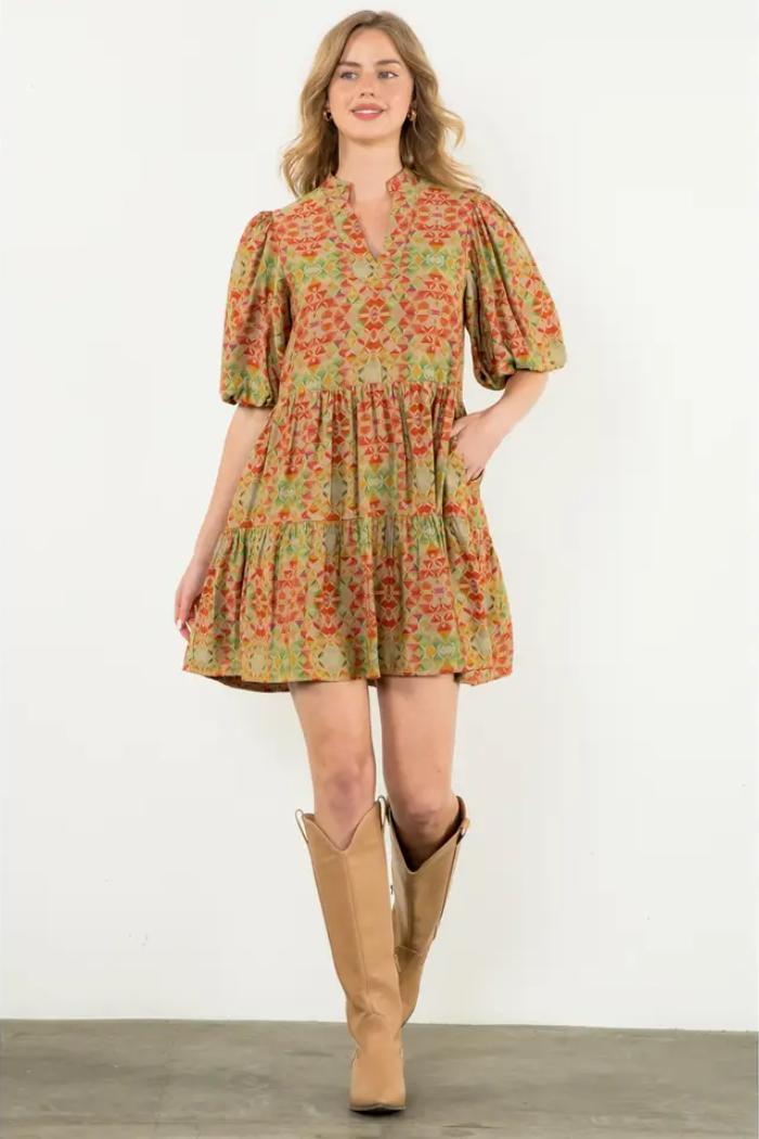 Puff Sleeve Print Dress Product Image