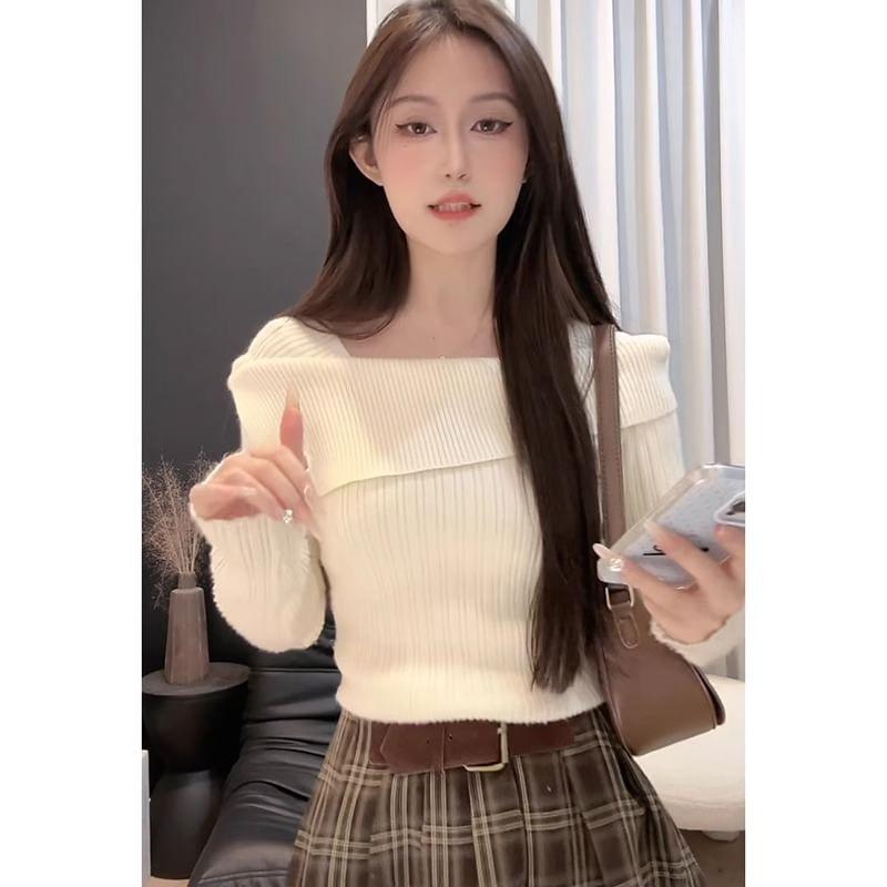 Asymmetrical Neck Plain Ribbed Sweater Product Image