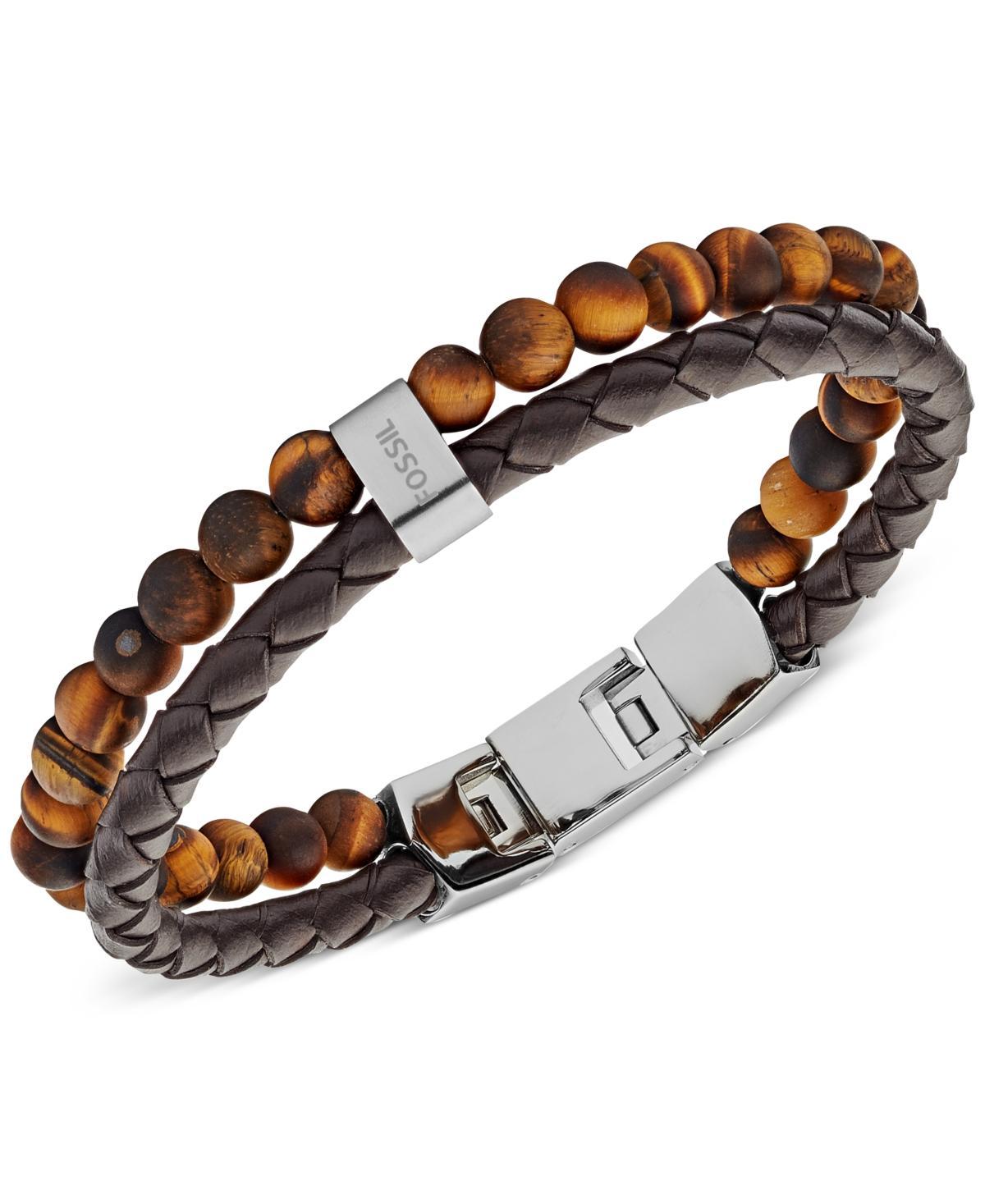 Fossil Mens Tigers Eye and Brown Leather Link Bracelet Product Image