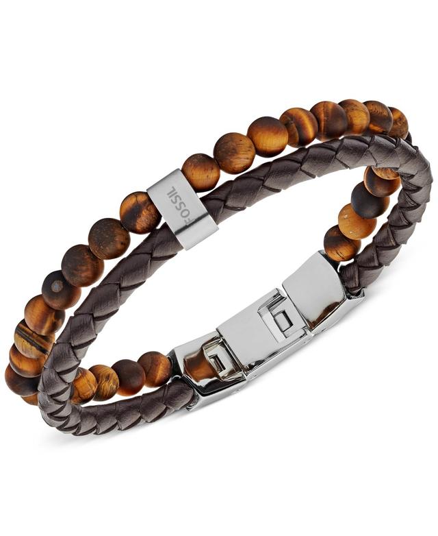 Fossil Mens Tigers Eye and Brown Leather Link Bracelet Product Image