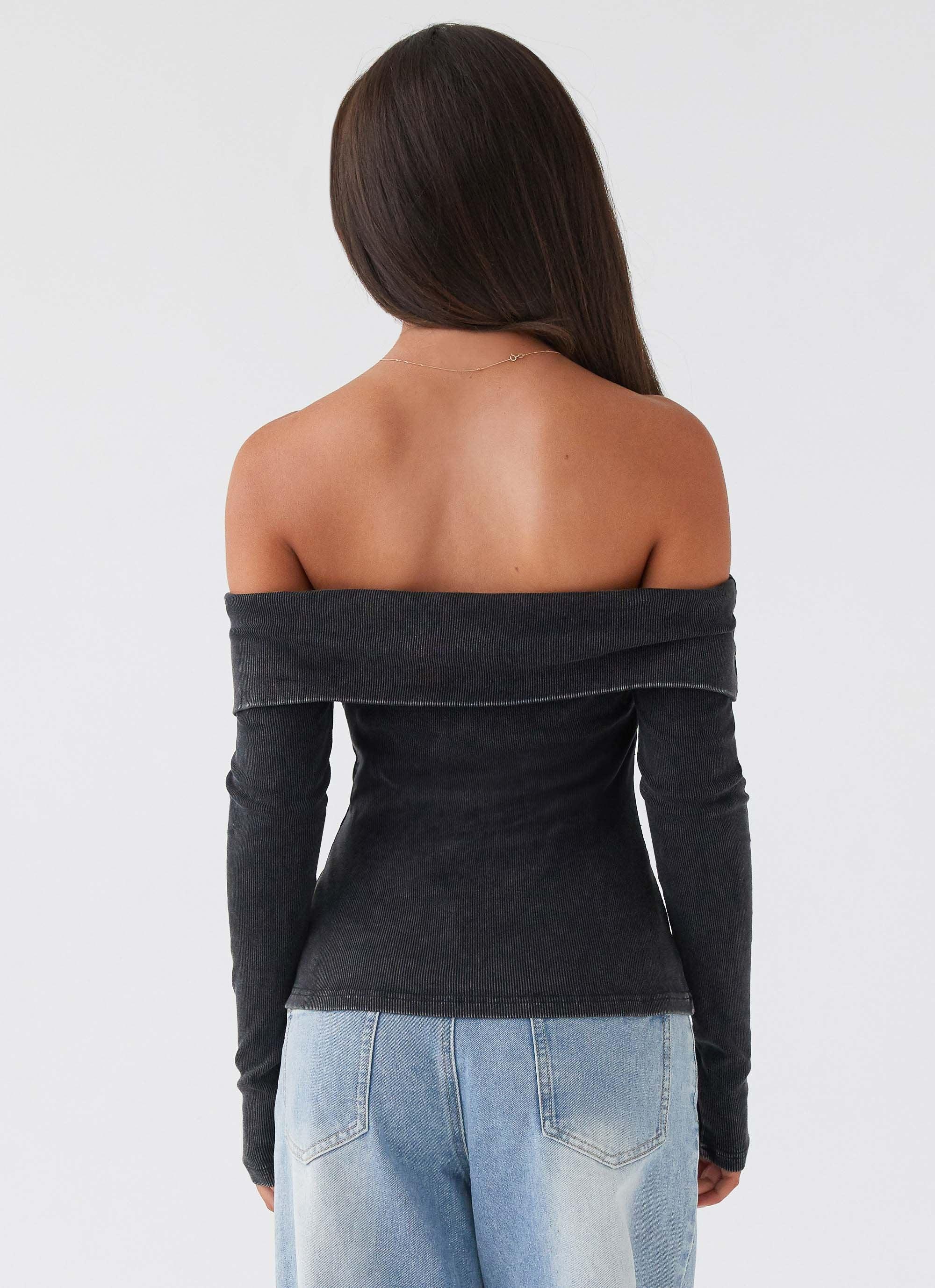 Hayley Long Sleeve Ribbed Top - Charcoal Acid Wash Product Image