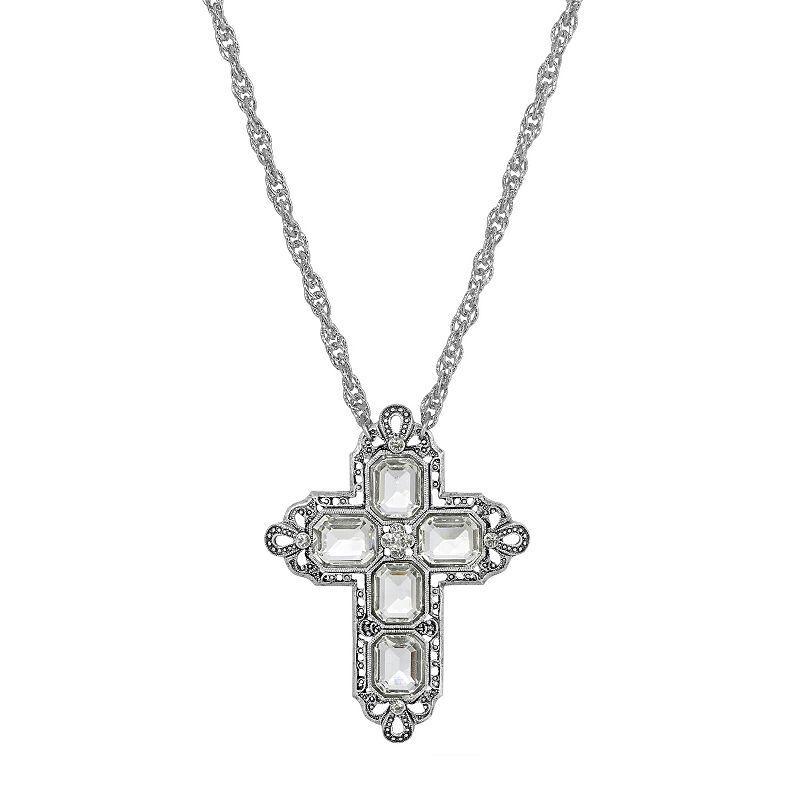 1928 Silver Tone Rectangle Simulated Crystal Cross Chain Necklace, Womens, Clear Product Image