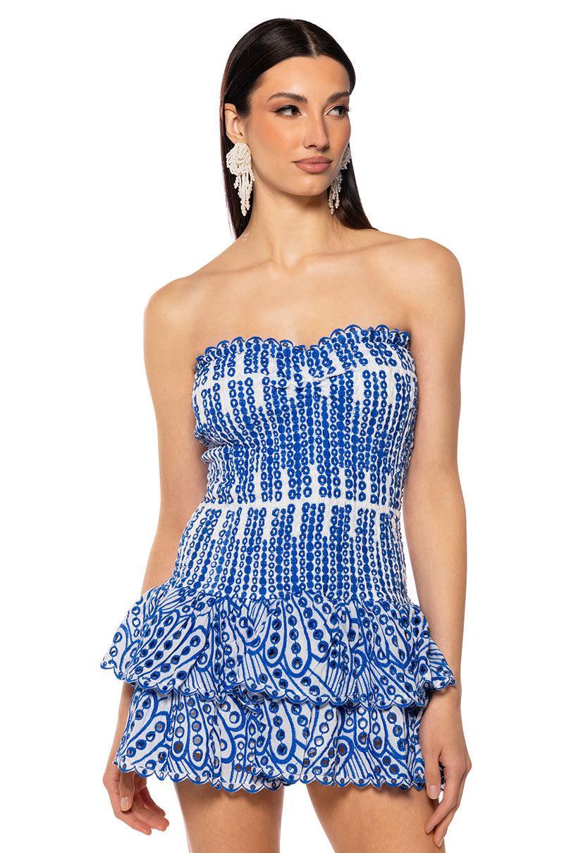 SUMMER OF LOVE SMOCKED EYELET STRAPLESS MINI DRESS Product Image