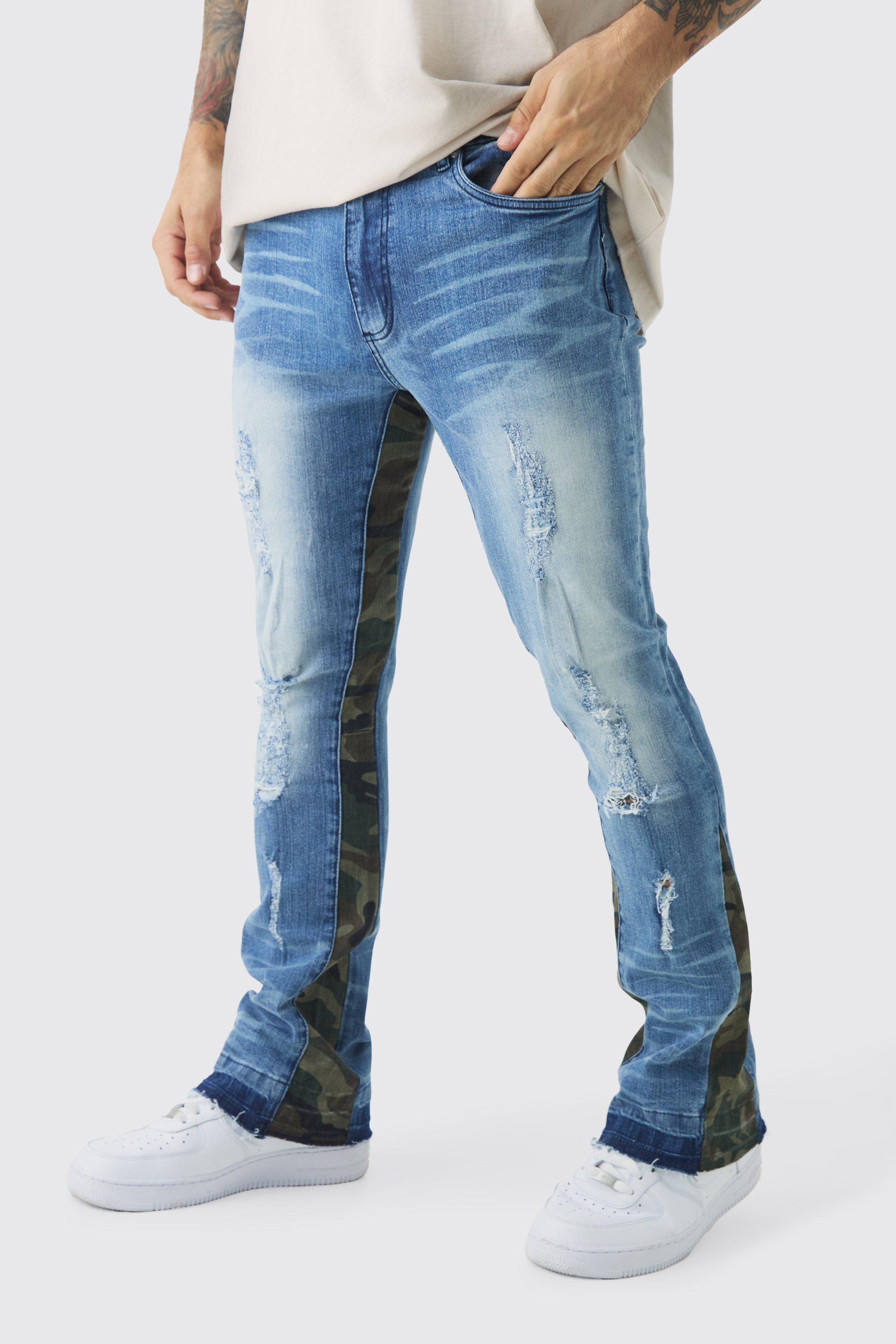 Skinny Flared Ripped Bleached Camo Gusset Jeans | boohooMAN USA product image