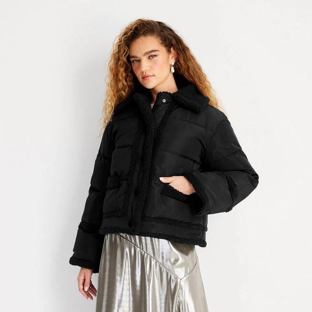 Womens Shearling Trim Button-Front Puffer Jacket - Future Collective Black Product Image