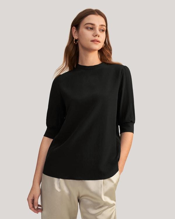 Elegant Casual Silk Tee With Rib Cuff Product Image