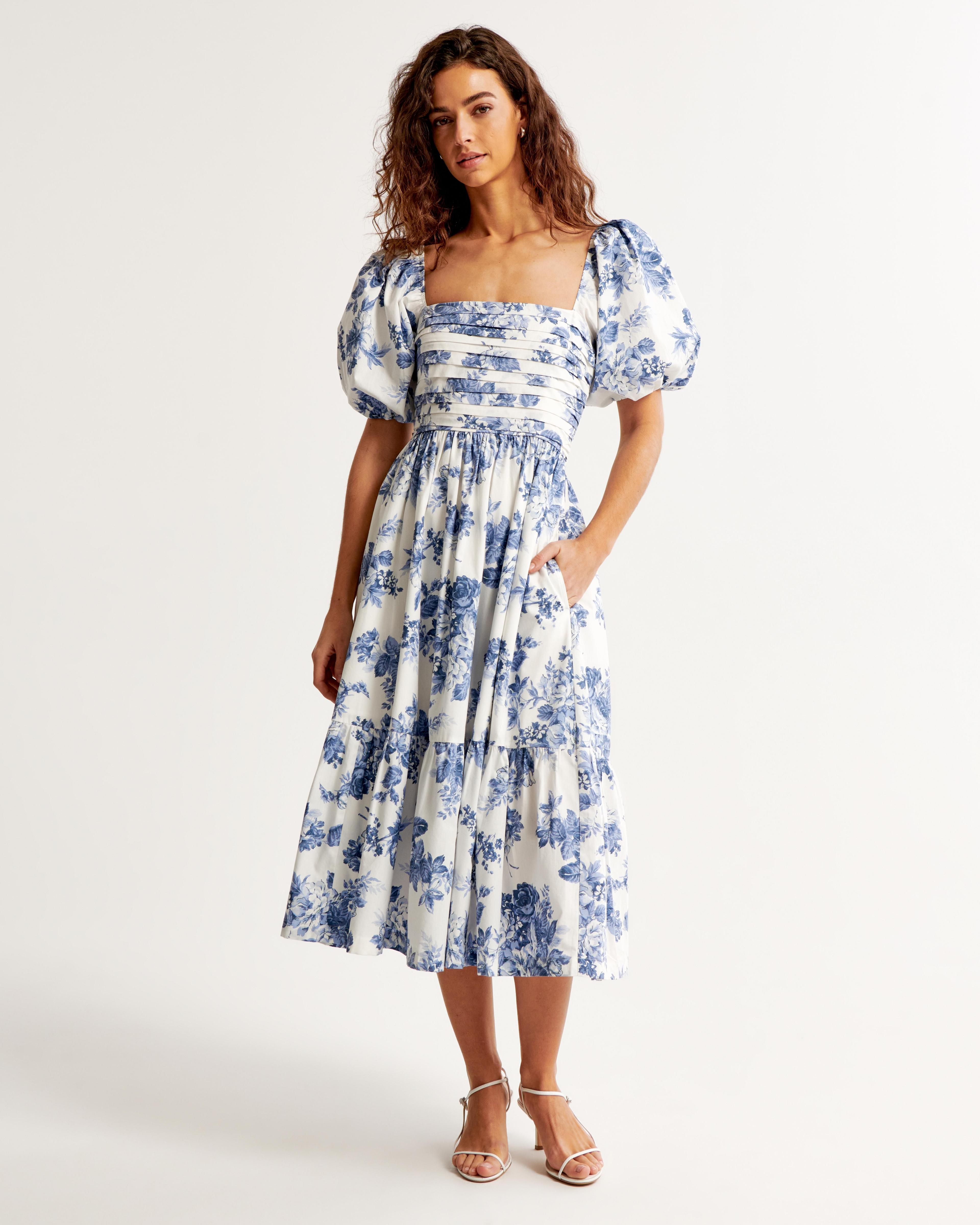 The A&F Emerson Poplin Puff Sleeve Midi Dress Product Image