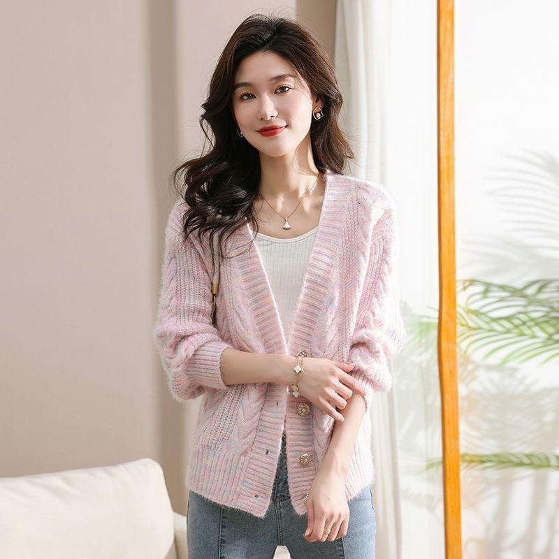 V-Neck Faux Pearl Button Cable-Knit Cardigan Product Image