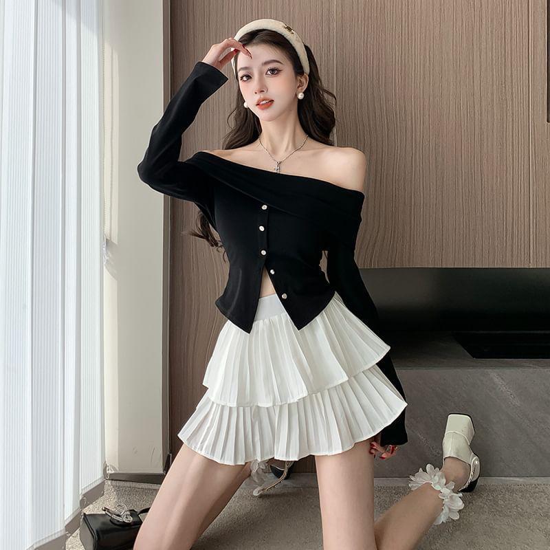 Set: Long-Sleeve Off-Shoulder Plain Button-Up T-Shirt + High Rise Pleated Tiered Mini A-Line Skirt Product Image