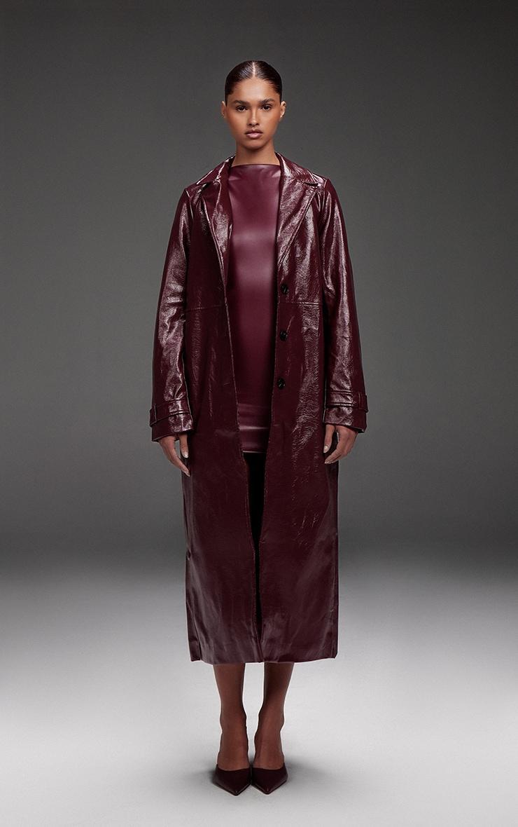 Burgundy High Shine Textured Faux Leather Maxi Coat product image