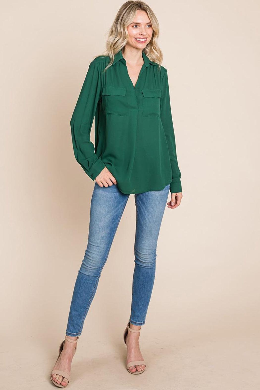 V Neck Collared Pocket Detail Blouse Shirts Female Product Image