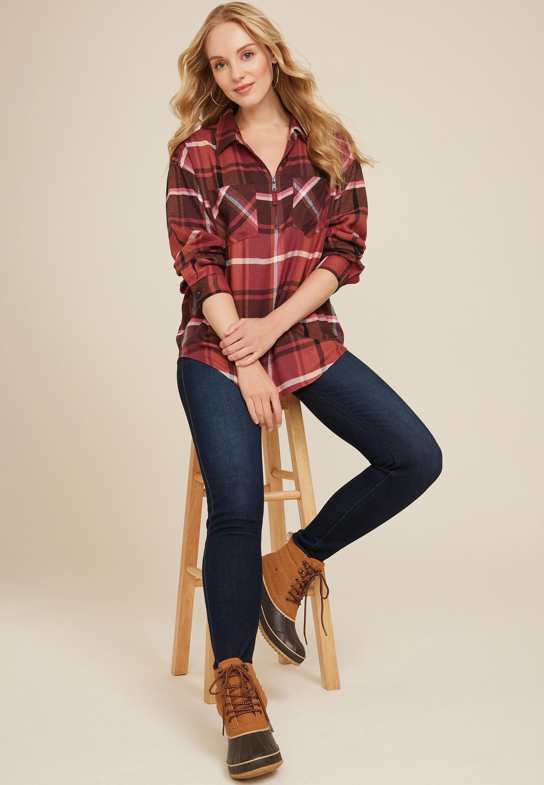 Cabin Plaid Half Zip Long Sleeve Oversized Top Product Image