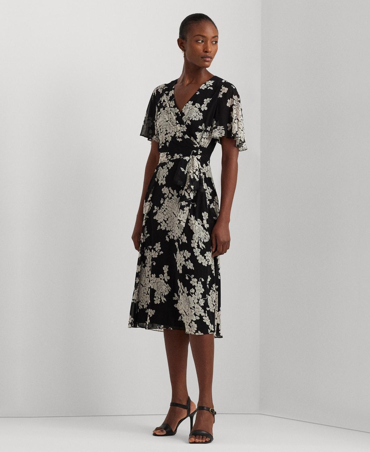 Lauren Ralph Lauren Womens Floral Belted Crinkle Georgette Dress - Black Product Image