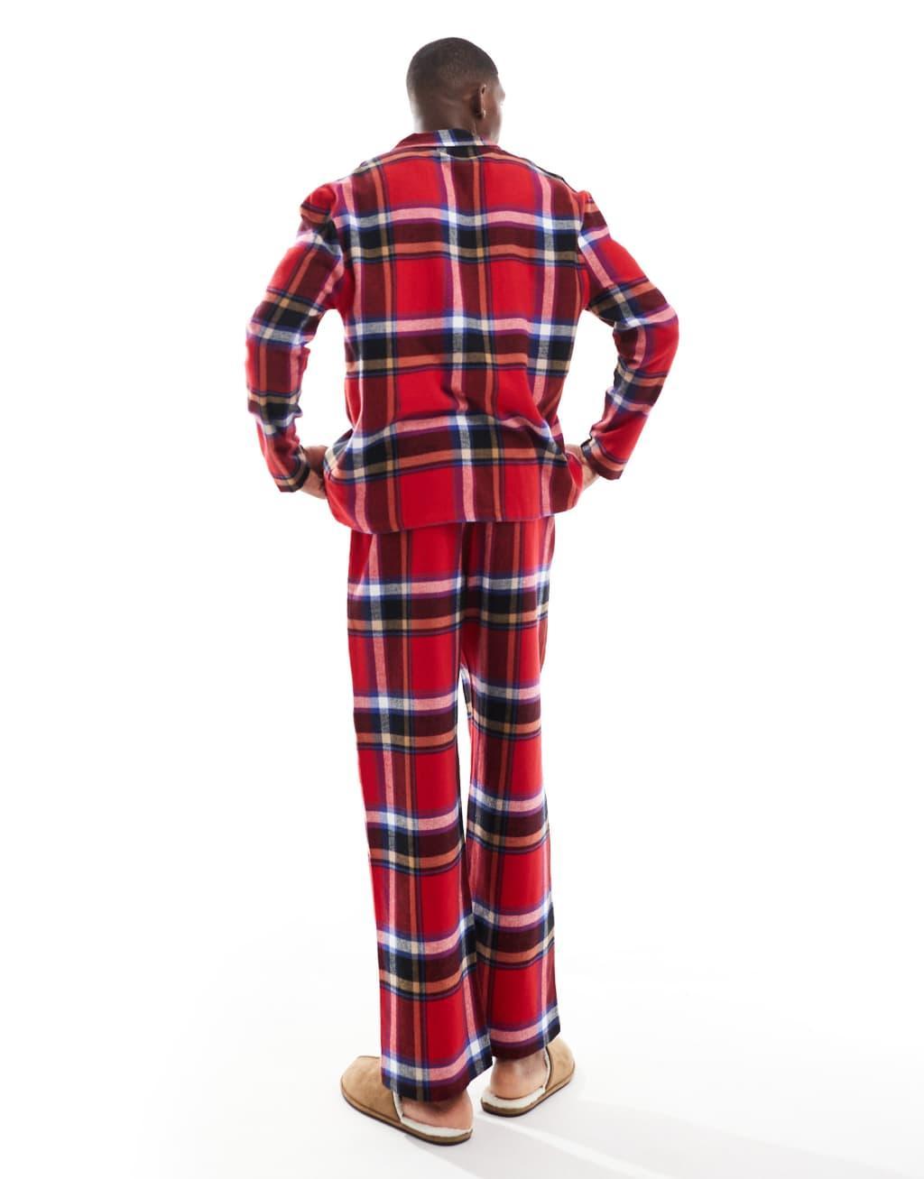 ASOS DESIGN pajama set with plaid shirt and bottoms in red Product Image