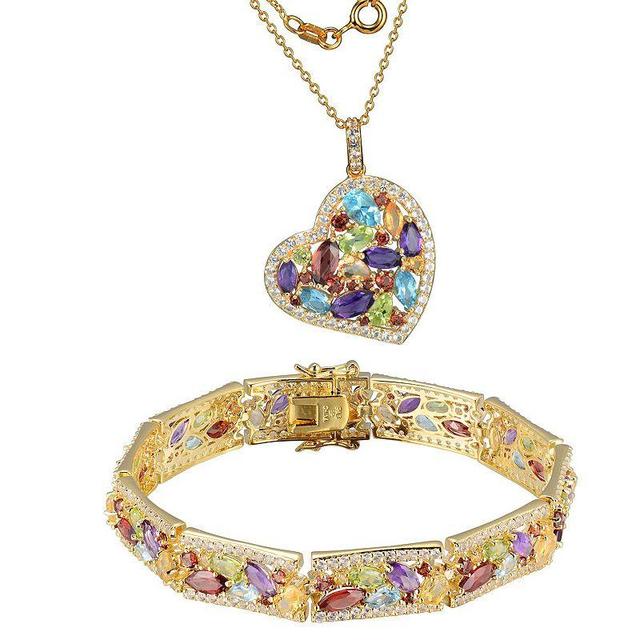 18k Gold Over Bronze Multi Gemstone Cluster Heart Pendant Necklace and Bracelet Set, Womens Multicolor Product Image