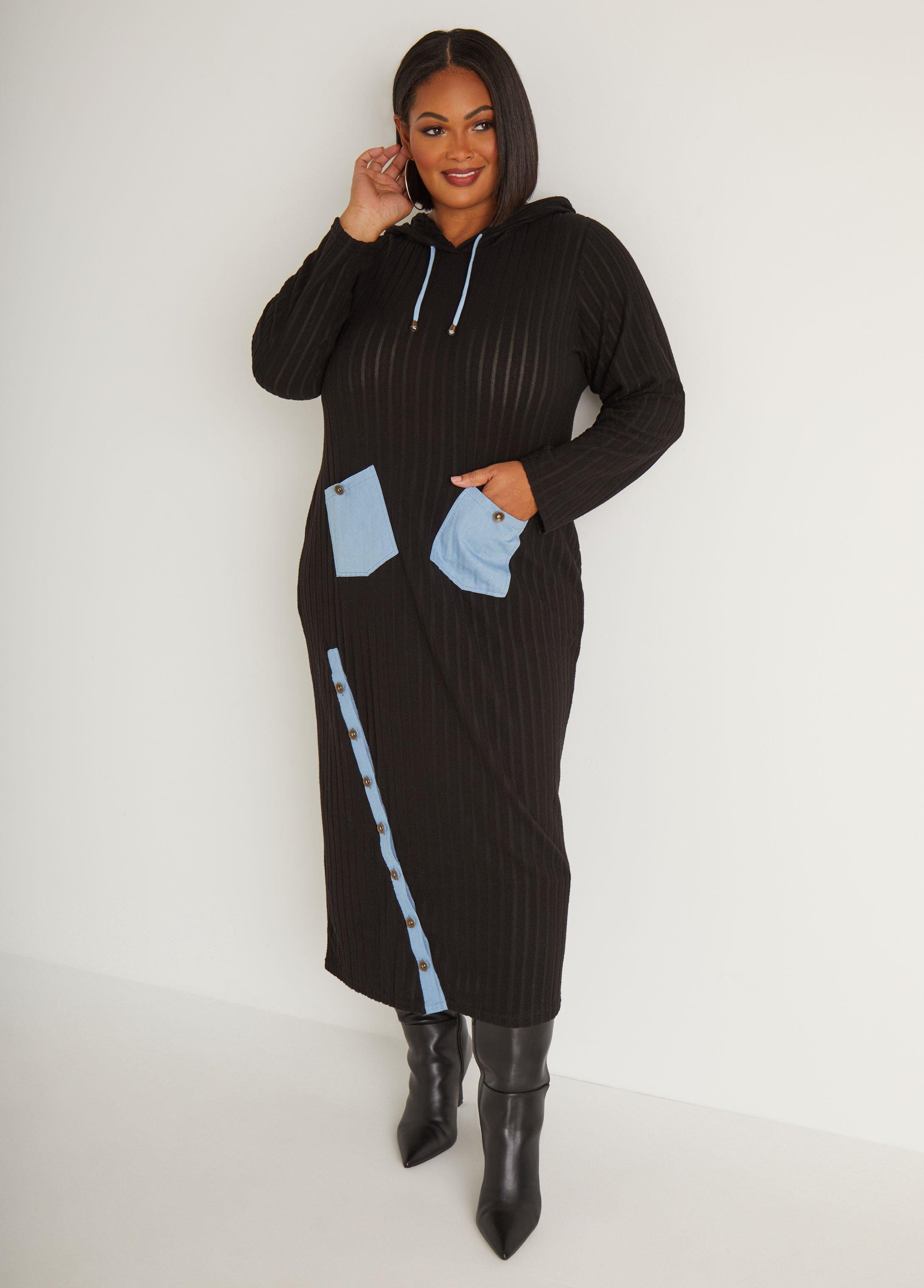 Plus Size Chambray Paneled Hooded Dress Ashley Stewart product image