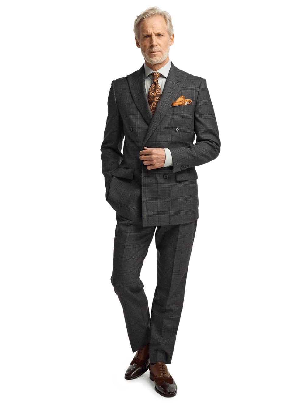 Wool Plaid Double Breasted Peak Lapel Suit - Charcoal Product Image