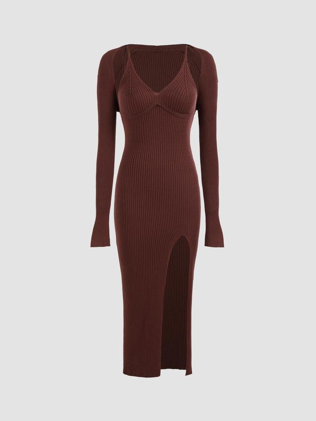 Knit V-neck Split Cami Midi Dress & Shrug Product Image