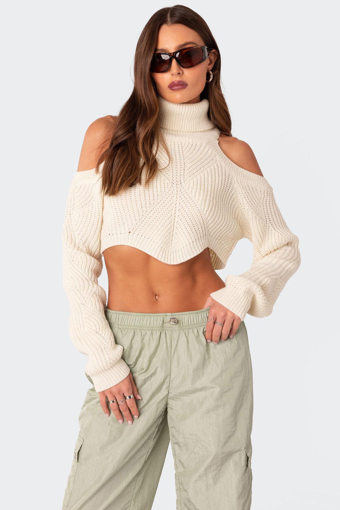 Asymmetric Cropped Open Shoulder Turtle Neck Sweater Product Image