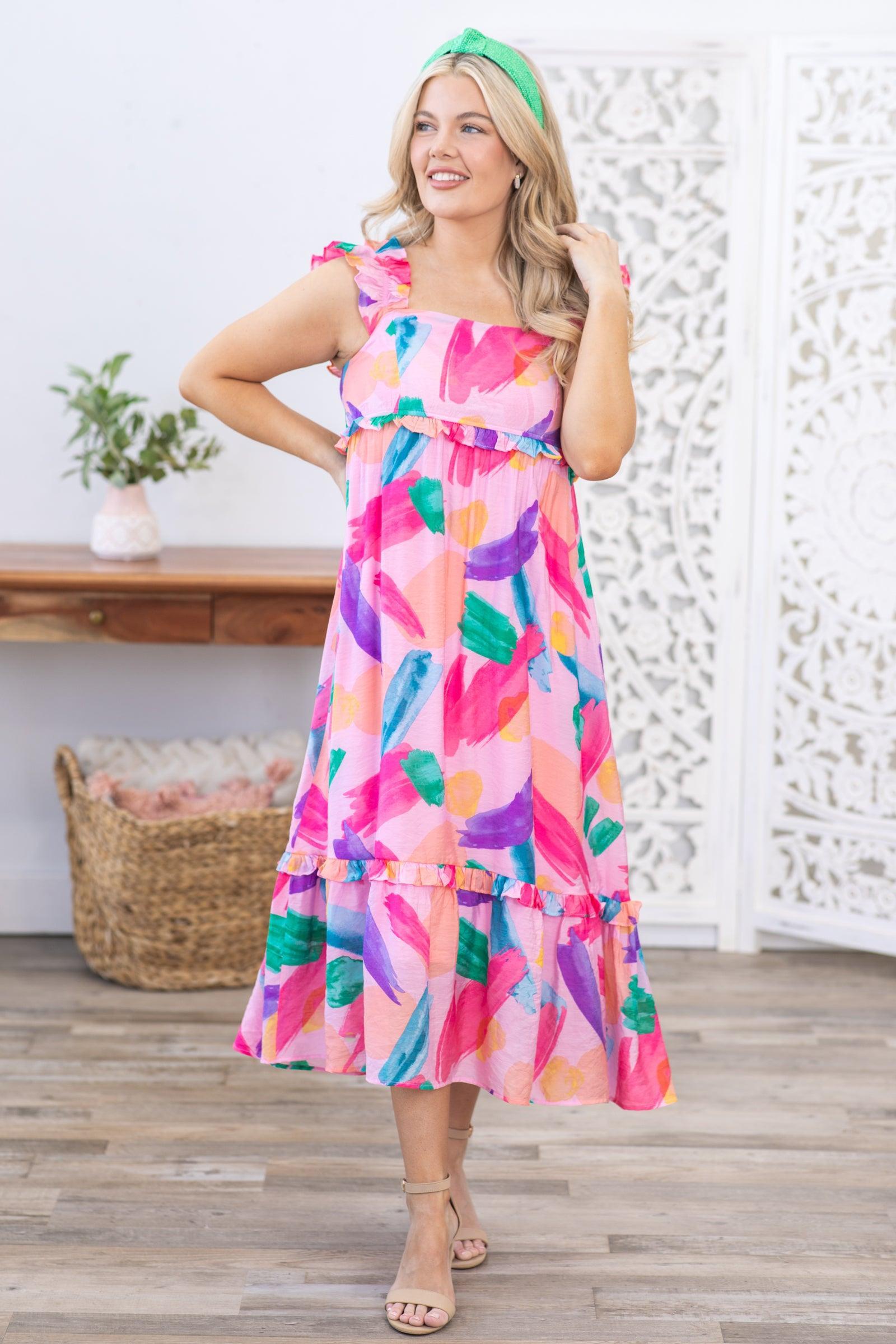 Pink Multicolor Ruffle Straps Midi Dress Product Image