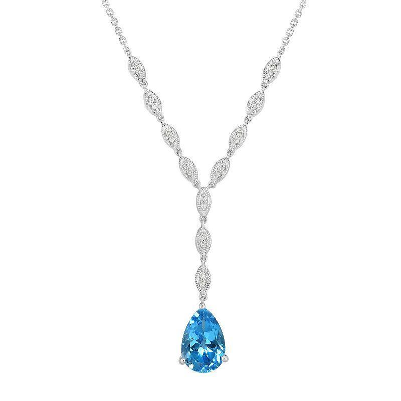 Sterling Silver Blue Topaz & 1/6 Carat T.W. Diamond Y Necklace, Womens Product Image