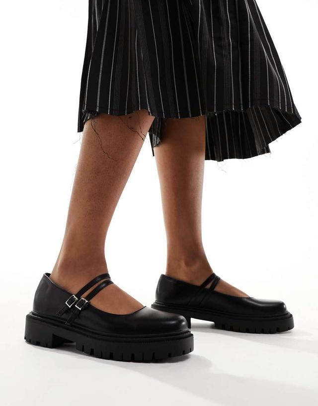 Truffle Collection chunky sole mary jane double strap shoes in black Product Image