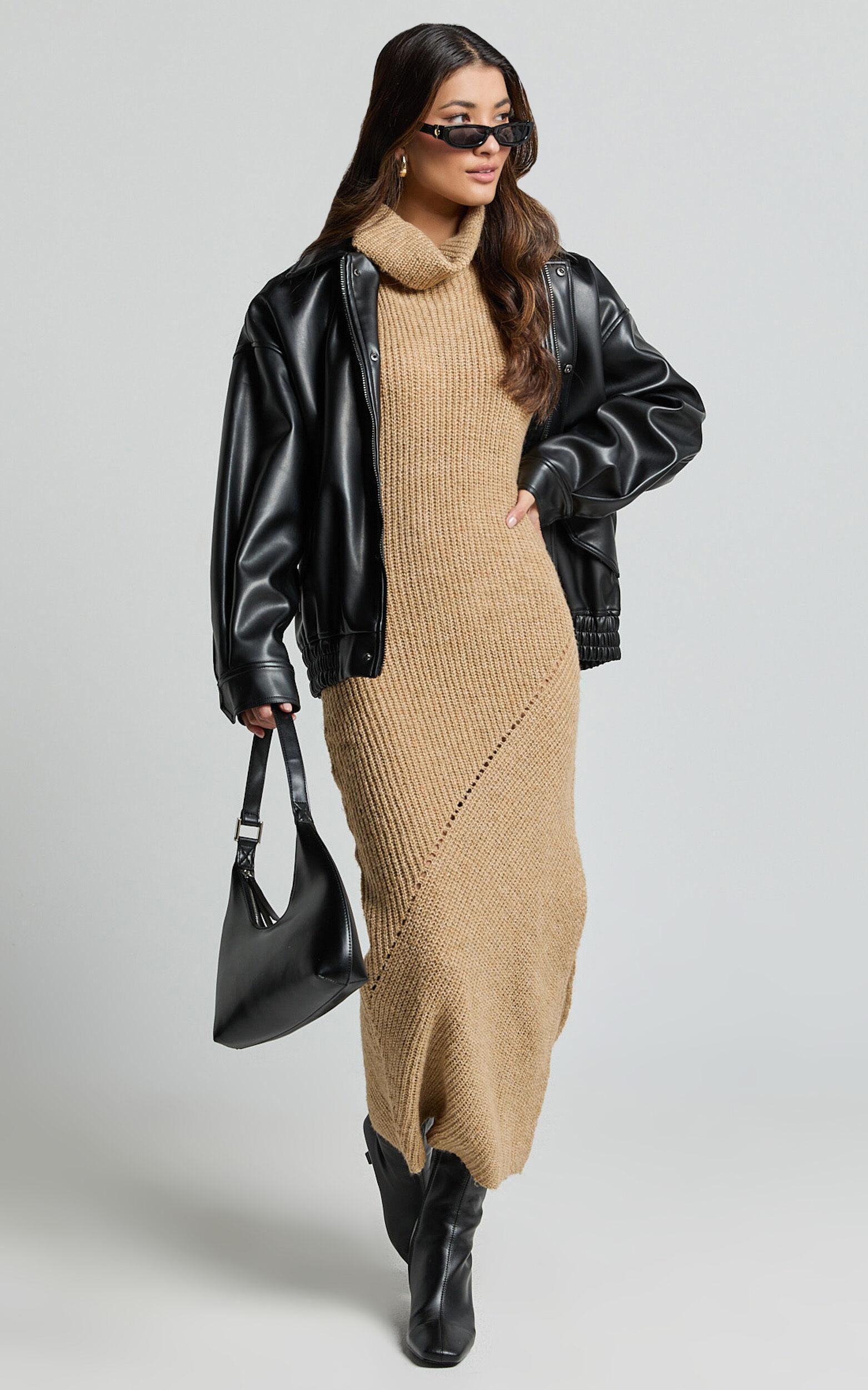 Alaina Midi Dress - Recycled Polyester Knitted Roll Neck Dress in Caramel Product Image