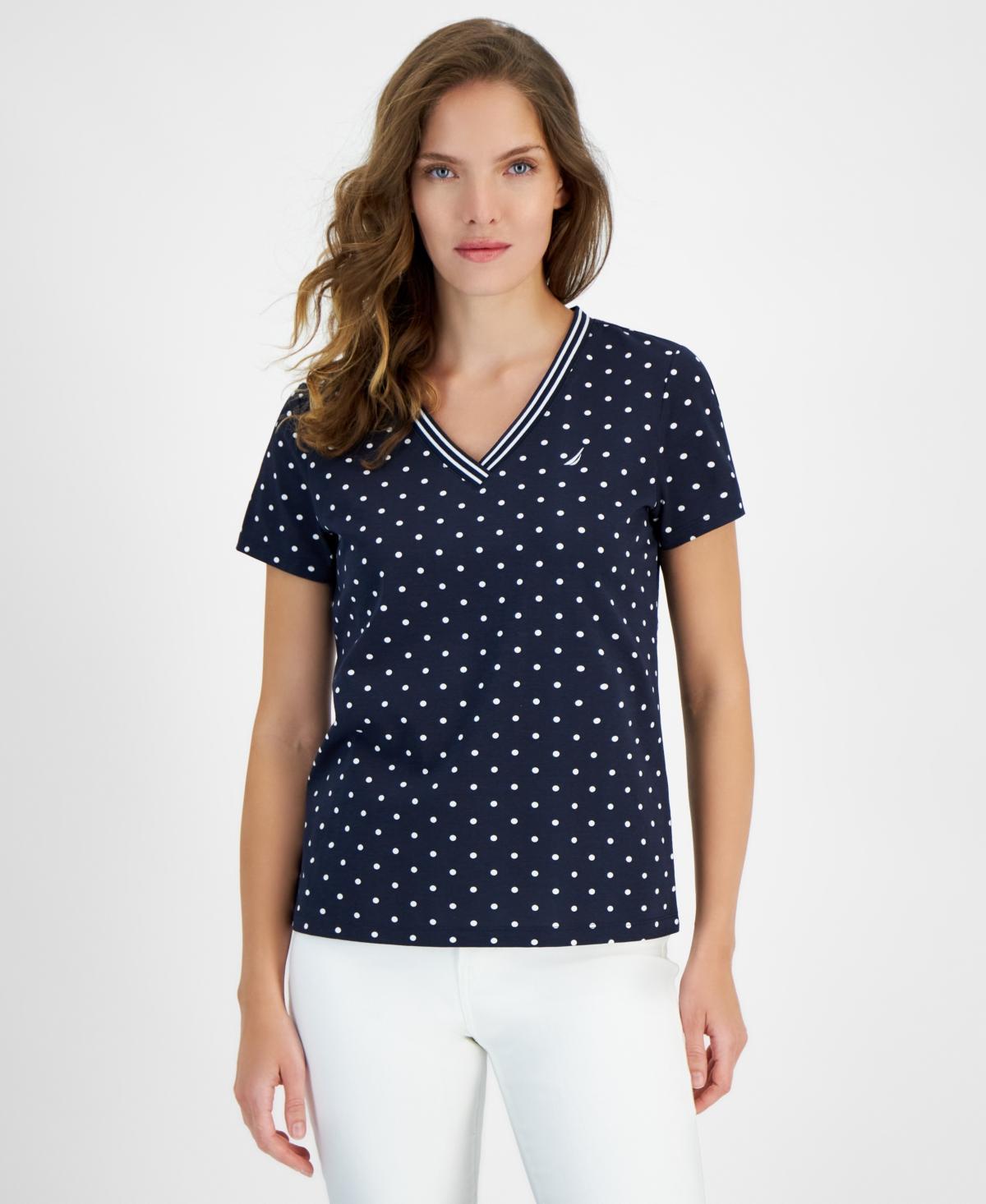 Nautica Jeans Womens Dot-Print V-Neck Short-Sleeve Top - Nigh Sky Product Image