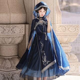 Spaghetti Strap Embroidered Hanfu Midi A-Line Dress / Light Cape / Set Product Image