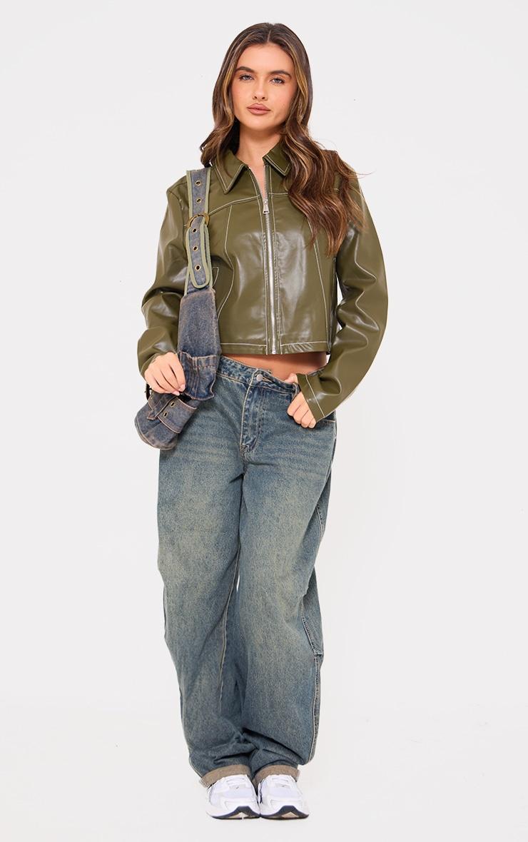 Olive Faux Leather Contrast Stitch Jacket Product Image