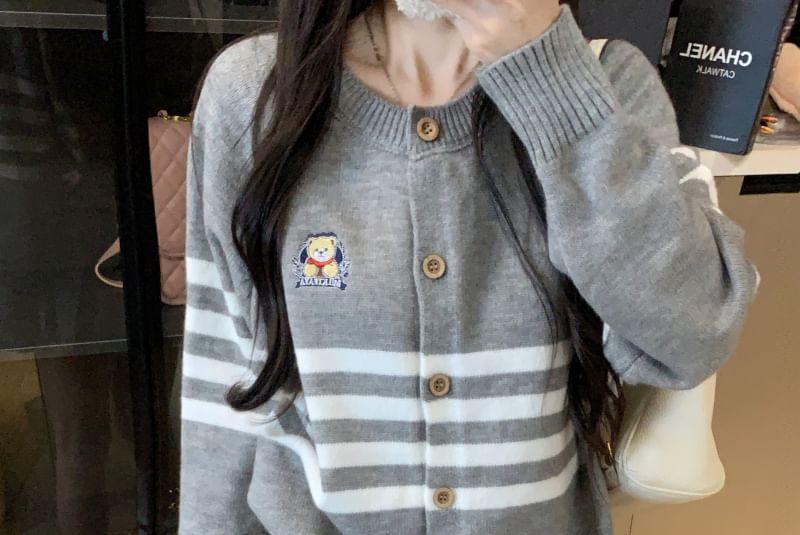 Bear-Embroidered Striped Crew-Neck Cardigan Product Image