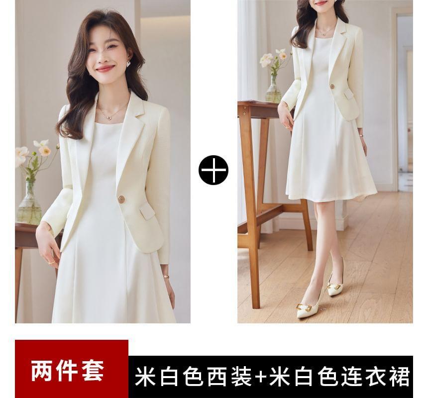 Plain Single-Button Blazer / Sleeveless A-Line Dress / Set Product Image