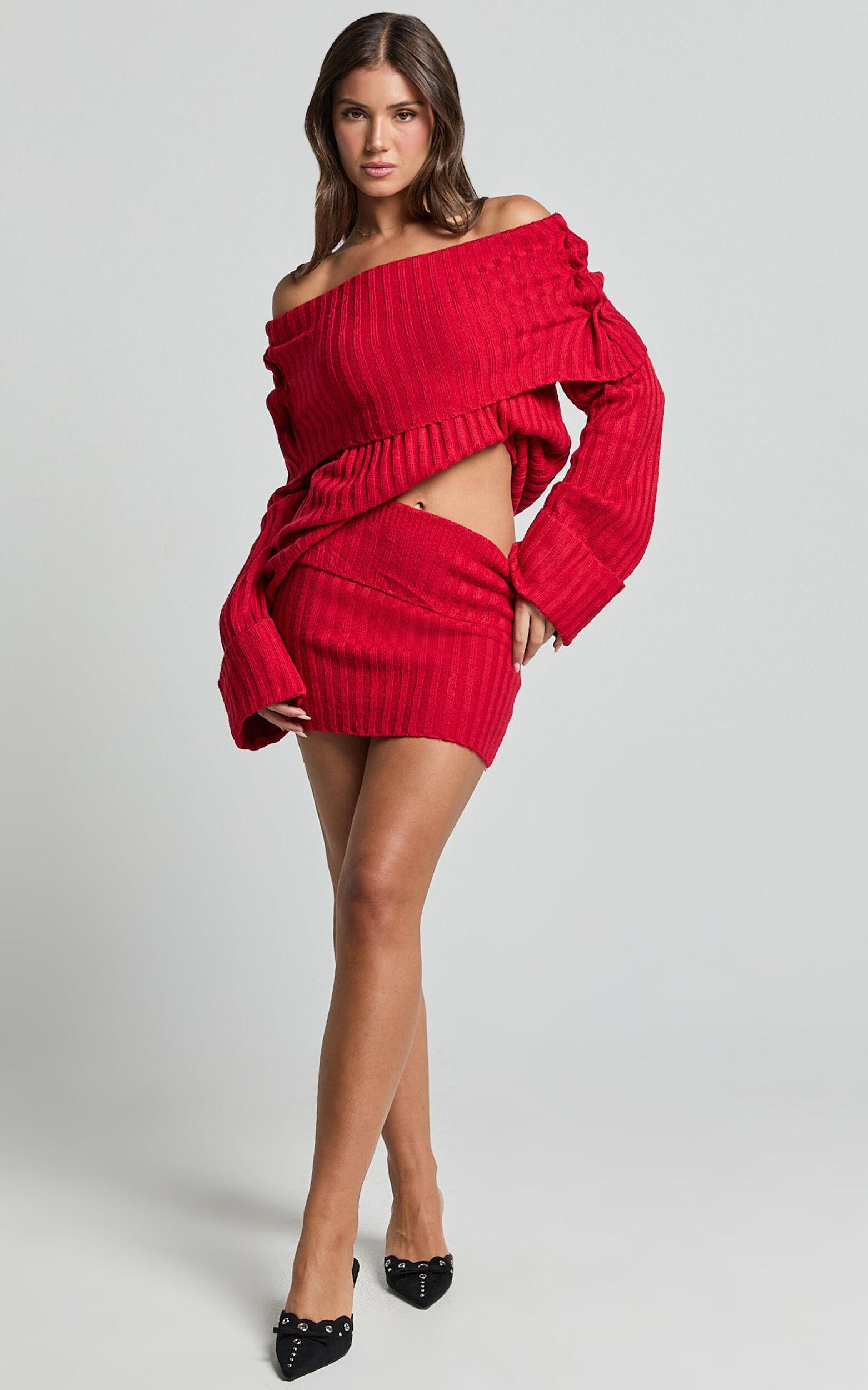 SNDYS The Label - Brooks Off Shoulder Jumper in Cherry Product Image