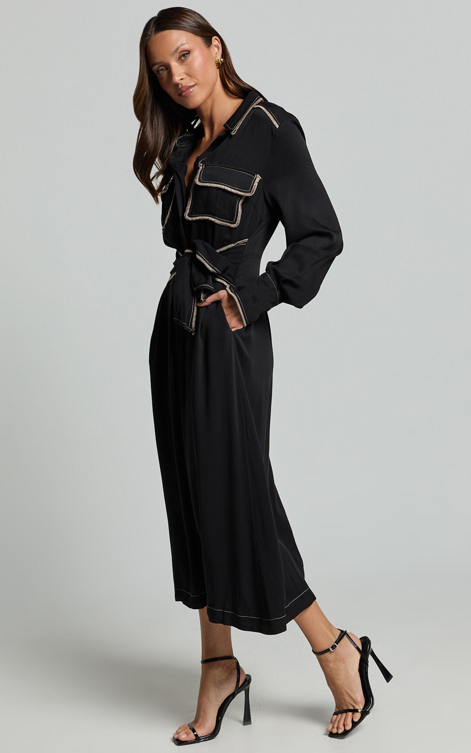 Ally Midi Dress - Collared Button Through Long Sleeve Tie Dress in Black Product Image