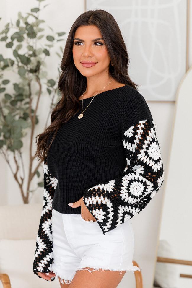 Forever Wondering Black and Ivory Crochet Sleeve Sweater Product Image