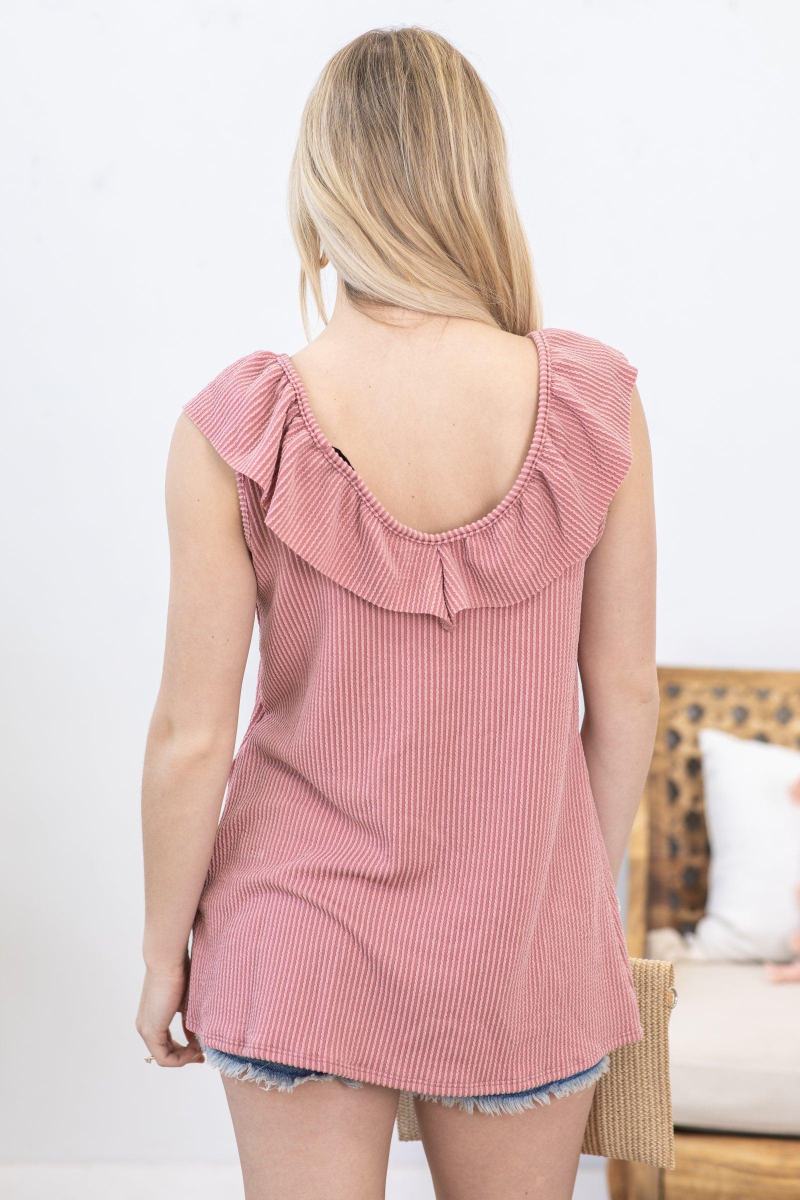 Mauve Ruffled V-Neck Ribbed Knit Tank Product Image