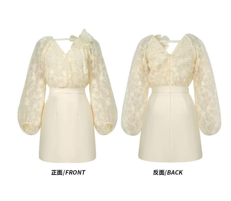 Mock Two-Piece Long-Sleeve V-Neck Lace Panel Mini Sheath Dress Product Image