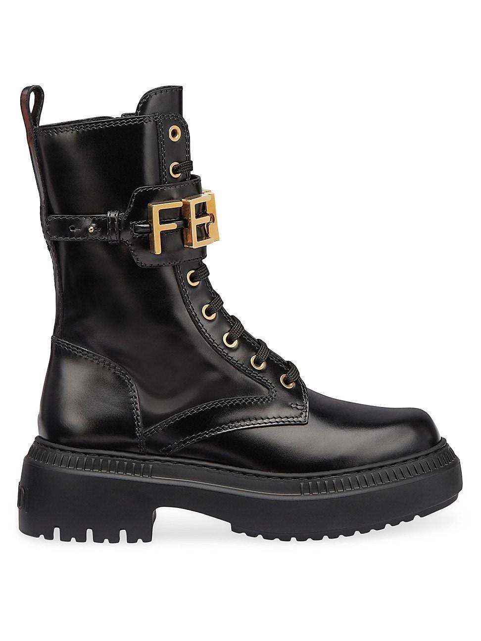 Womens Logo Leather Lug-Sole Combat Boots product image