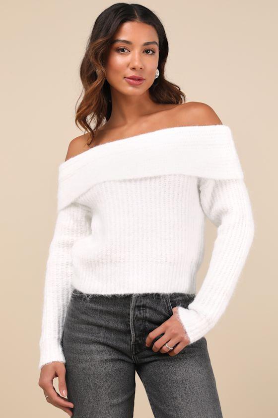 Cozy Outcome Ivory Fuzzy Off-the-Shoulder Sweater Product Image